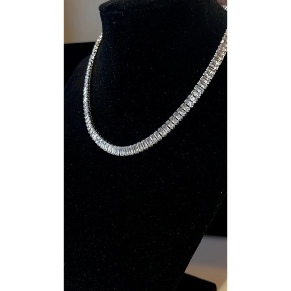 Diamond Tennis Necklace, CZ Tennis Necklace Choker, Baguette Tennis Necklace - Picture 7 of 9